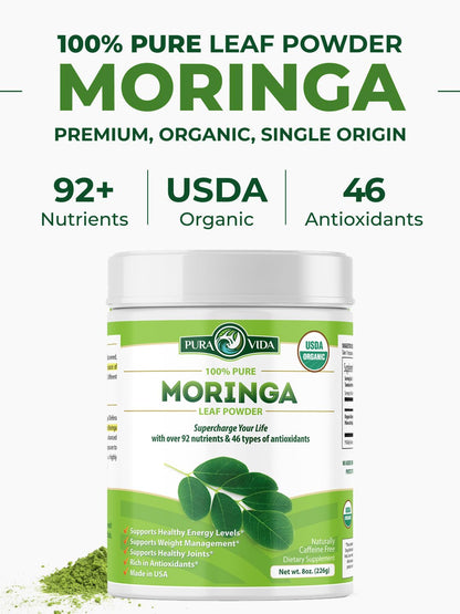 PURA VIDA MORINGA Organic Moringa Powder, Premium 100% Leaf Powder Single Origin - USDA Organic Moringa Oleifera Leaf