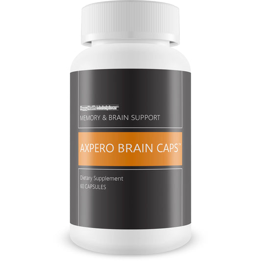 Supplement bottle labeled 'Axpero Brain Caps' for memory and brain support on a white background