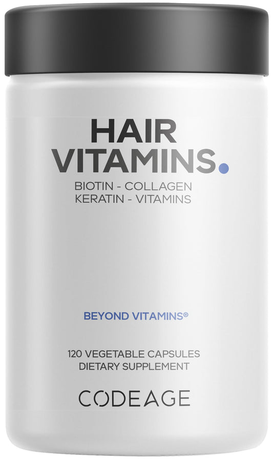 Codeage Hair Vitamins 10000 mcg Biotin, Keratin, Collagen, Vitamin A, B12, C, D3, E, Zinc, Turmeric, Probiotics, Enzymes, Inositol - Hair Care Support - Healthy Hair Supplement Pills - 120 Capsules CodeageBuy Supplements Australia