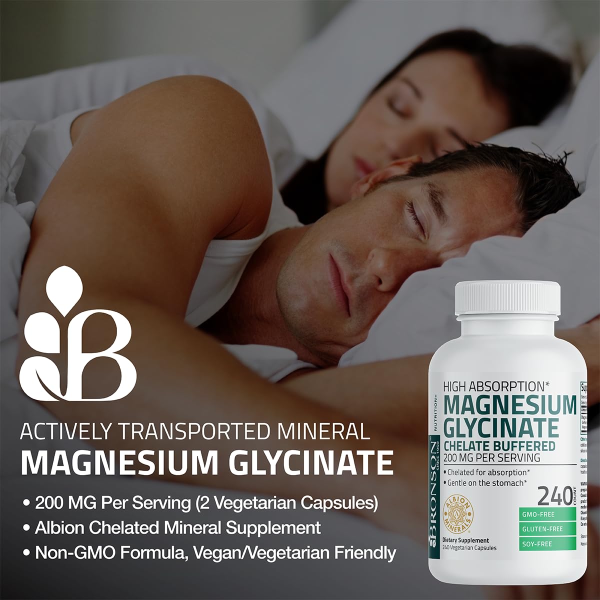 Bronson Magnesium Glycinate 200 MG per Serving Chelated for High Absorption, Gentle On Stomach, Non-GMO, 60 Vegetarian Capsules