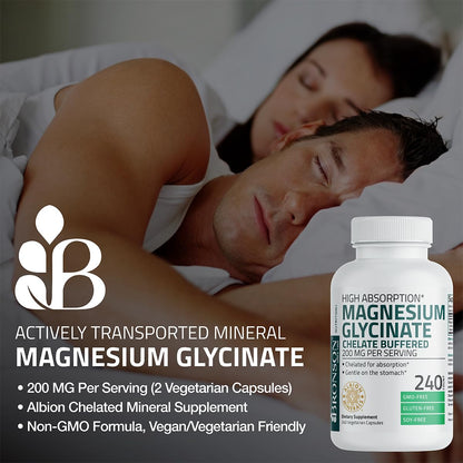 Bronson Magnesium Glycinate 200 MG per Serving Chelated for High Absorption, Gentle On Stomach, Non-GMO, 60 Vegetarian Capsules