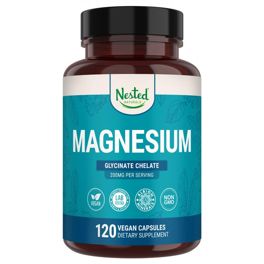 Nested Naturals Magnesium Glycinate Chelate - 200mg Chelated Magnesium Supplement for Muscle Cramps, Relaxation, & Sleep Support - 100% Albion TRACCS Buffered Magnesium Glycinate - 120 Vegan Capsules Nested NaturalsBuy Supplements Australia