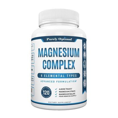 Purely Optimal Magnesium Complex - 6 Forms Magnesium Glycinate, Citrate & Malate - Sleep Support, Stress Relief, Muscles, Heart Health & Relaxation - Magnesium Supplement for Women & Men, 120 Caps Purely Optimal buy supplements Au