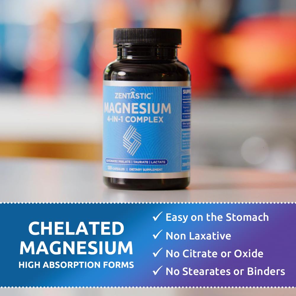 Zentastic Magnesium Complex 4-in-1 Supplement – Magnesium Glycinate, Malate, Taurate & Lactate – Chelated High Absorption for Nerves, Muscles, Bones & Immune Support – 120 Capsules Zentastic buy supplements Au