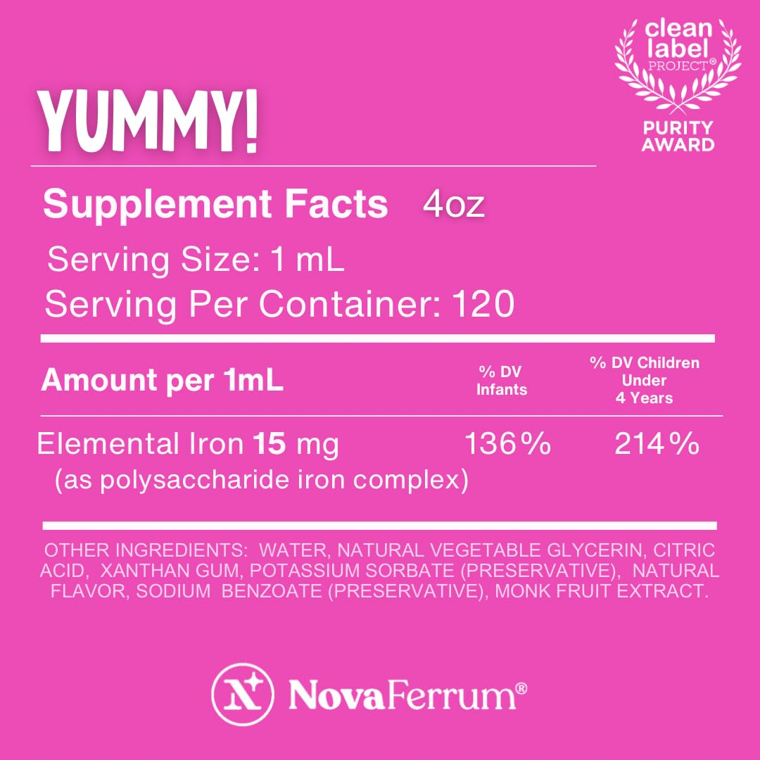 NovaFerrum Yummy | Pediatric Drops Liquid Iron Supplement for Infants and Toddlers | Liquid Iron for Kids | 15mg of Iron Per 1mL Dose | Ages 4 & Under