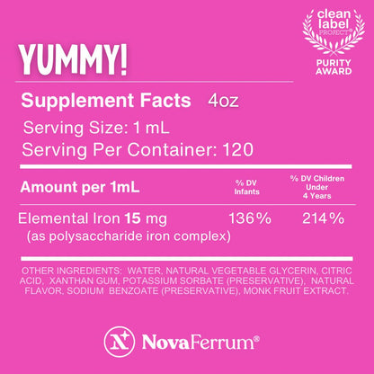 NovaFerrum Yummy | Pediatric Drops Liquid Iron Supplement for Infants and Toddlers | Liquid Iron for Kids | 15mg of Iron Per 1mL Dose | Ages 4 & Under