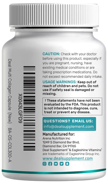 Multi Collagen Pills for Women & Men with Vitamin C, E & Biotin, 300 Capsules – Type I, II, III, V, X Hydrolyzed Collagen Peptides – 11 in 1 Formula with Saw Palmetto