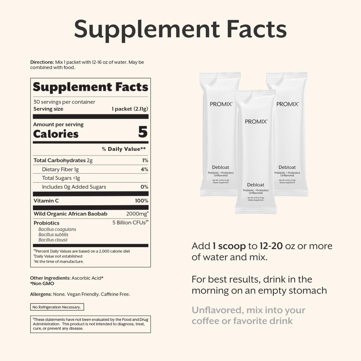 ProMix Nutrition Debloat Prebiotics and Probiotics Immune Support Supplement for Digestion, Cortisol Health, Gut Cleanse - Unflavored - 30 Servings (Pack of 30)