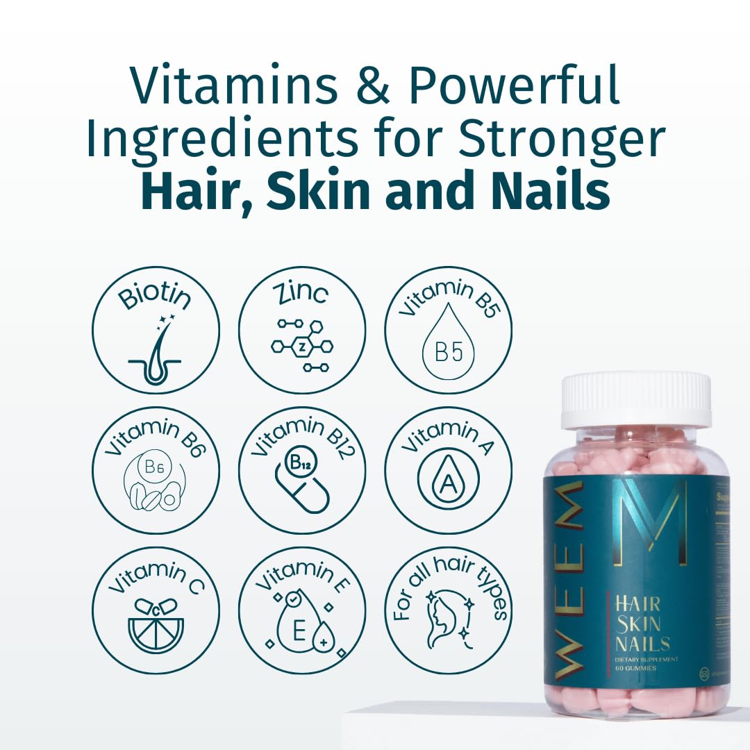 WEEM Hair Skin and Nails Gummies - Supports Healthy Hair - Vegan biotin Vitamins for Women & Men Supports Faster Hair Growth, Stronger Nails, Healthy Skin, Extra Strength (1) WEEM buy supplements Au