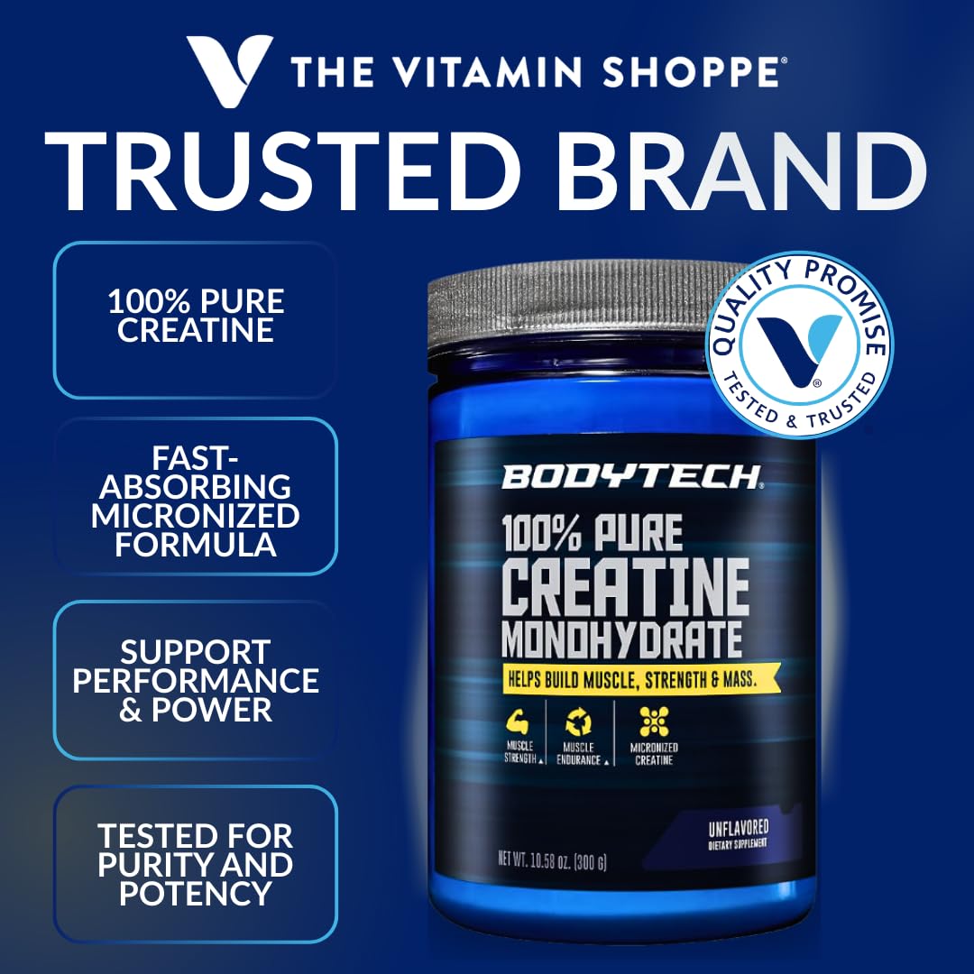 BodyTech Creatine Monohydrate Powder, Unflavored Micronized Creatine Formula for Men and Women, 5g per Serving, Pre Workout & Post Workout Supplement