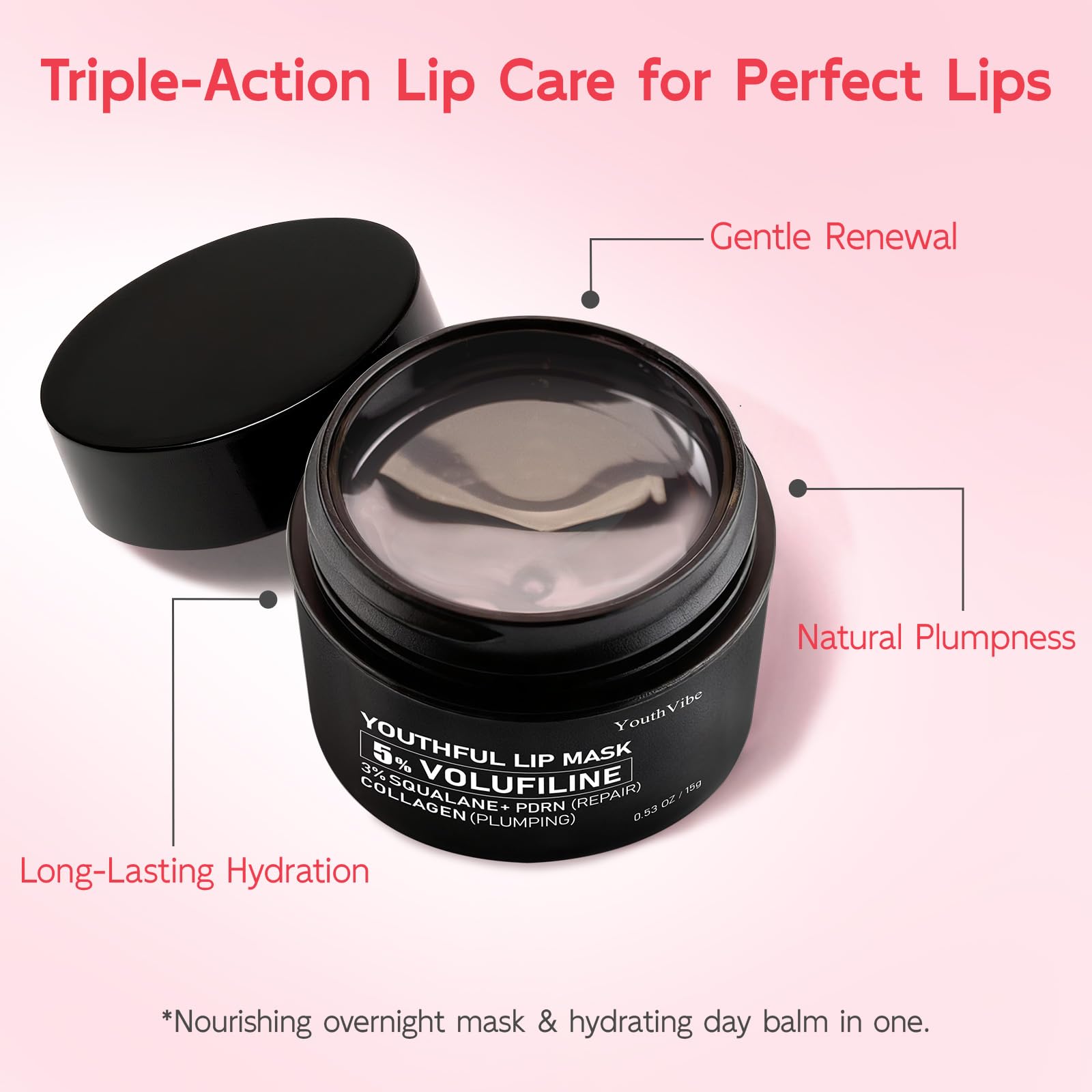 YouthVibe Lip Mask Overnight Moisturizing - Nourish & Hydrate, Antioxidants, 5% Volufiline, Vitamin E, Shea Butter, PDRN & Collagen Sleeping Lip Treatment for Dry, Chapped Lips YouthVibeBuy Supplements Australia