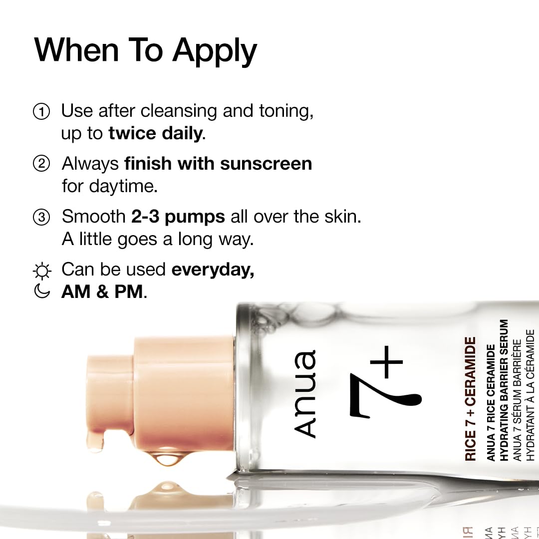 Anua Rice Ceramide 7 Hydrating Barrier Serum, Moisturizing Face Serum, Non-comodogenic, Hyaluronic Acid, Niacinamide, Lightweight, Fragrance Free, Sensitive Dry Skin, Korean Skincare, 1.69 fl oz ANUABuy Supplements Australia