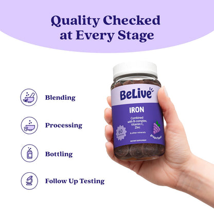 BeLive Iron Gummies - Multivitamin Supplement with Vitamin C, A, B & Zinc, Supports Blood Oxygen, Vegan Iron Supplements for Women, Men & Kids