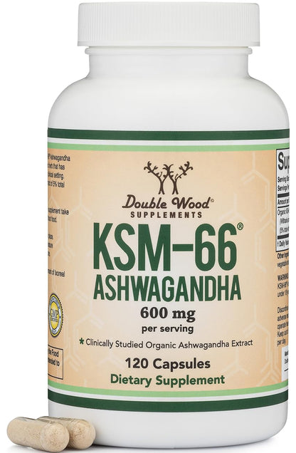 Double Wood Supplements Ashwagandha KSM 66 Organic and Clinically Studied Extract (600mg Per Serving, 120 Capsules, 60 Servings)