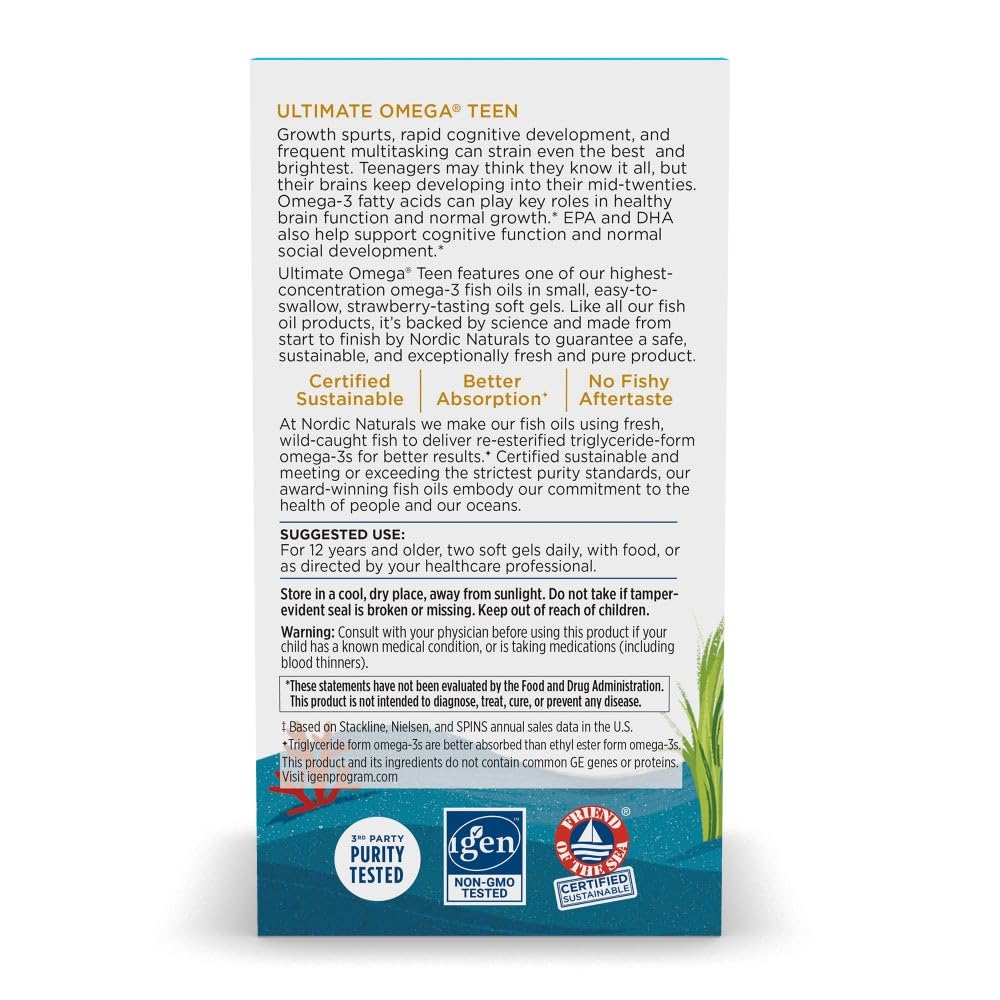 Nordic Naturals Ultimate Omega 2X Teen, Strawberry - 60 Mini Soft Gels - 1120 mg Total Omega-3s with EPA & DHA - Brain Health, Positive Mood, Social Development, Learning - Non-GMO - 30 Servings Nordic NaturalsBuy Supplements Australia
