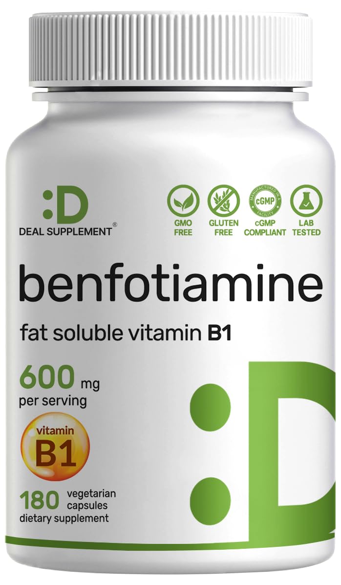 Benfotiamine 600mg Per Serving, 180 Veggie Capsules (300mg Per Cap) – Fat Soluble Vitamin B1 Thiamine Supplement