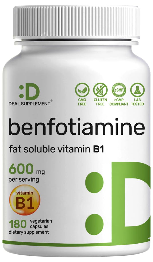 Benfotiamine 600mg Per Serving, 180 Veggie Capsules (300mg Per Cap) – Fat Soluble Vitamin B1 Thiamine Supplement
