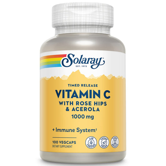 SOLARAY Vitamin C 1000mg - Time Release Vitamin C Capsules w/Rose HIPS and Acerola for Bioflavonoid Support - Two-Stage, All-Day Immune Support