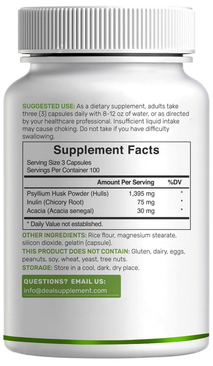 Psyllium Husk 1500mg Per Serving, 300 Capsules – 3 in 1 Fiber Supplement with Inulin & Acacia Complex – Natural Soluble Fiber