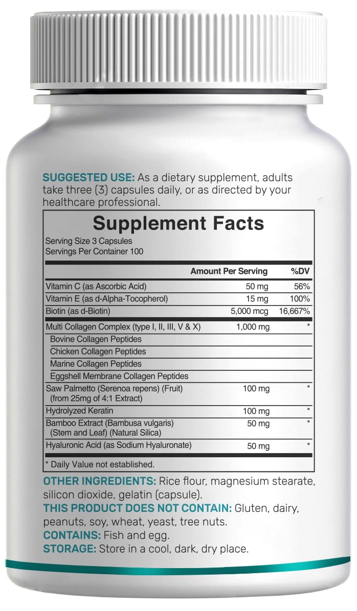 Multi Collagen Pills for Women & Men with Vitamin C, E & Biotin, 300 Capsules – Type I, II, III, V, X Hydrolyzed Collagen Peptides – 11 in 1 Formula with Saw Palmetto