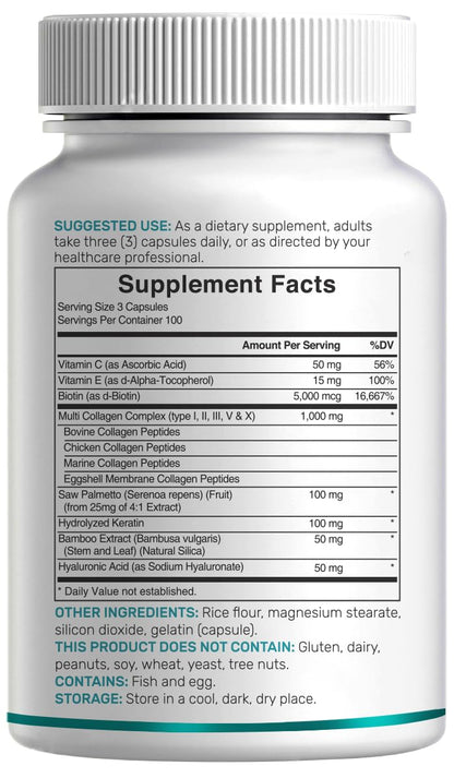 Multi Collagen Pills for Women & Men with Vitamin C, E & Biotin, 300 Capsules – Type I, II, III, V, X Hydrolyzed Collagen Peptides – 11 in 1 Formula with Saw Palmetto