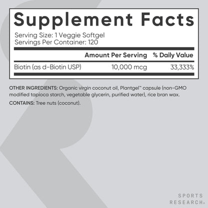 Sports Research® Biotin 10,000mcg with Organic Coconut Oil - Biotin (Vitamin B7) for Healthy Skin and Hair Support* - for Women and Men - Vegan, Non-GMO, Gluten & Soy-Free - 120 Veggie Softgels Sports Research buy supplements Au