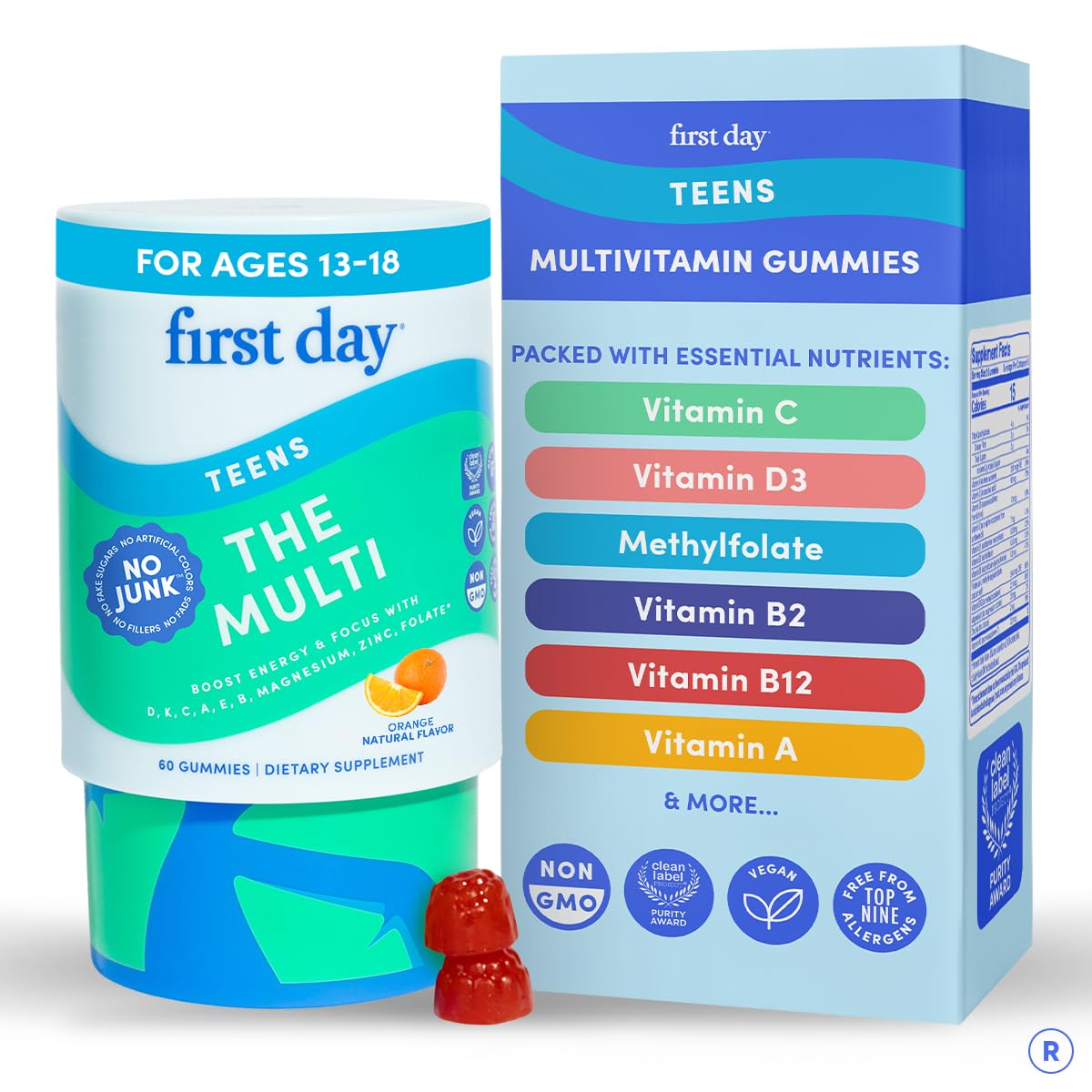 FIRST DAY Vitamins for Teens - Teen Multi Vitamins for Girls & Boys 12-17, Organic Fruit & Veggie Blend - 12 Key Nutrients: Vitamins A