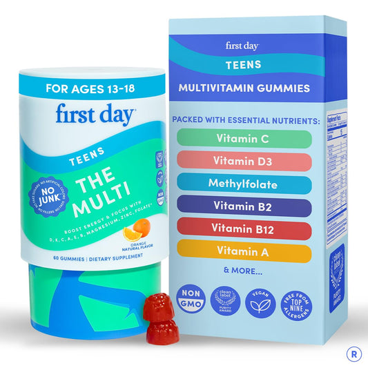 FIRST DAY Vitamins for Teens - Teen Multi Vitamins for Girls & Boys 12-17, Organic Fruit & Veggie Blend - 12 Key Nutrients: Vitamins A