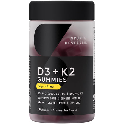 Sports Research® Vegan Vitamin D3 + K2 Sugar-Free Gummies - 125mcg (5000iu) Vitamin D w/ 100mcg Mk7 Vitamin K - Supports Bone & Immune Health* - Vegan Certified · Non-GMO · Soy Free - 60 Count Sports Research buy supplements Au