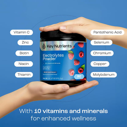 KEY NUTRIENTS Multivitamin Electrolytes Powder No Sugar - Sweet Blue Raspberry Electrolyte Powder - Endurance & Energy Supplement - Hydration Powder