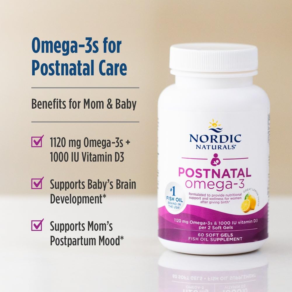 Nordic Naturals Postnatal Omega-3, Lemon - 60 Soft Gels - 1120 Total Omega-3 + 1000 IU Vitamin D3 - Formulated for New Moms; Supports Optimal Wellness, Positive Mood, Healthy Metabolism - 30 Servings Nordic NaturalsBuy Supplements Australia