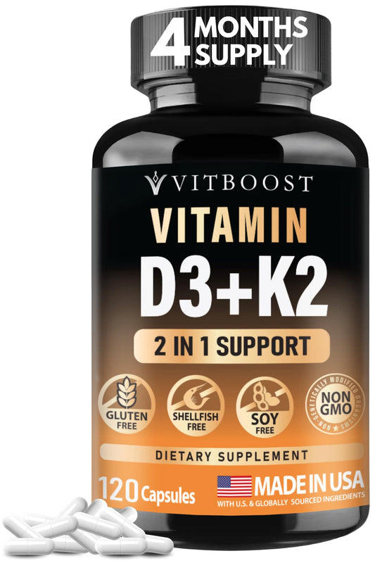 VITBOOST Vitamin D3 K2 Complex - Easy to Swallow - Vitamin D (D3) 5000 IU (125 mcg) & K2(MK-7) 90 mcg | Non-GMO | Gluten-Free