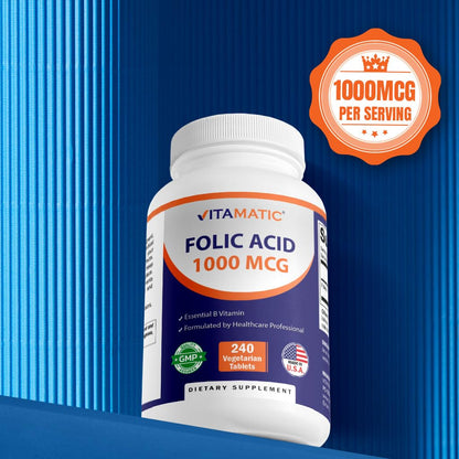 Vitamatic Folic Acid 1000 mcg (1 mg) - Vegetarian Tablets - 1667 mcg DFE - Vitamin B9 (240 Count (Pack of 1))