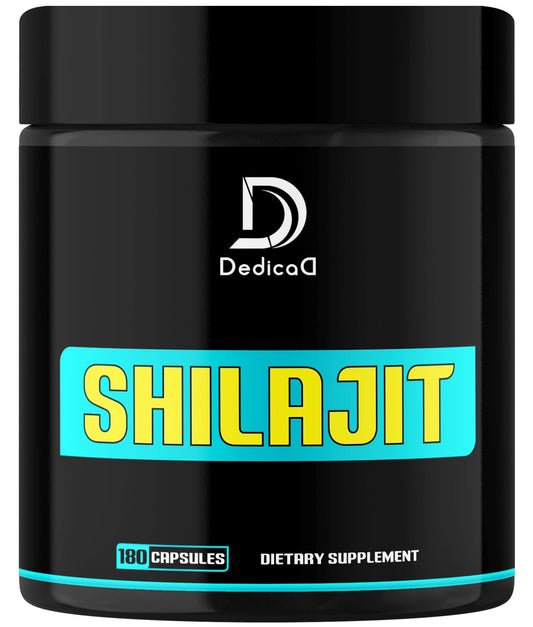 Black container of DedicaD Shilajit dietary supplement with yellow text