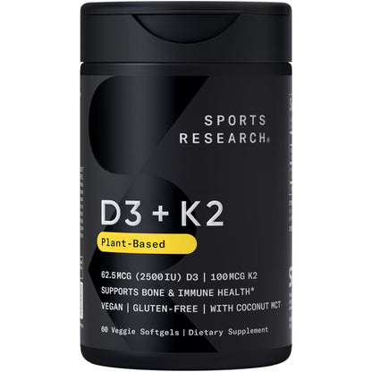 Sports Research® Vitamin D3 + K2 w/Coconut Oil - Vegan Vitamin D 2500iu (62.5mcg) & Mk7 Vitamin K 100mcg for Bone & Immune Support - Vegan Certified · Non-GMO · Soy Free - 60 Softgels Sports Research buy supplements Au