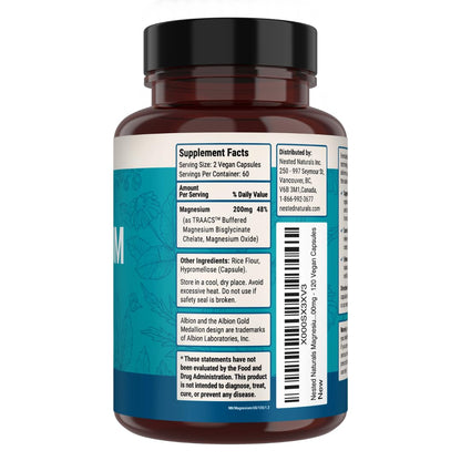 Nested Naturals Magnesium Glycinate Chelate - 200mg Chelated Magnesium Supplement for Muscle Cramps, Relaxation, & Sleep Support - 100% Albion TRACCS Buffered Magnesium Glycinate - 120 Vegan Capsules Nested NaturalsBuy Supplements Australia