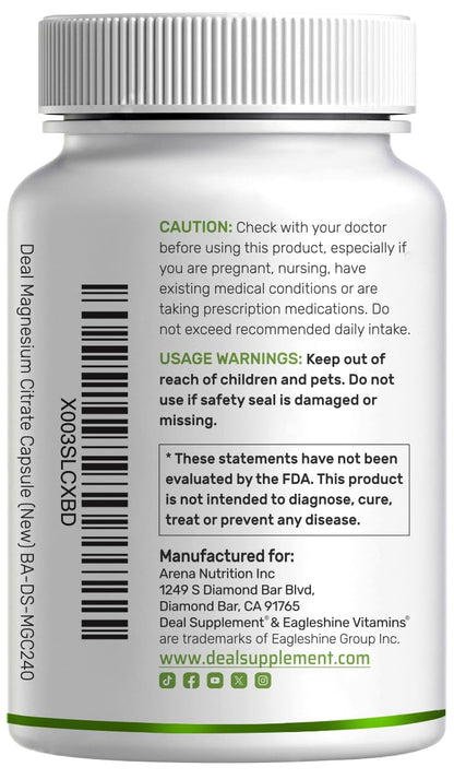 DEAL SUPPLEMENT Magnesium Citrate 500mg, 240 Capsules | Easily Absorbed, Purified Trace Mineral – One a Day, Non-GMO