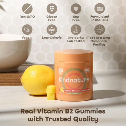 kindnature Vitamin B2 Gummies - Riboflavin 400mg Supplement for Kids & Adults - Non-GMO, Soy & Gluten-Free