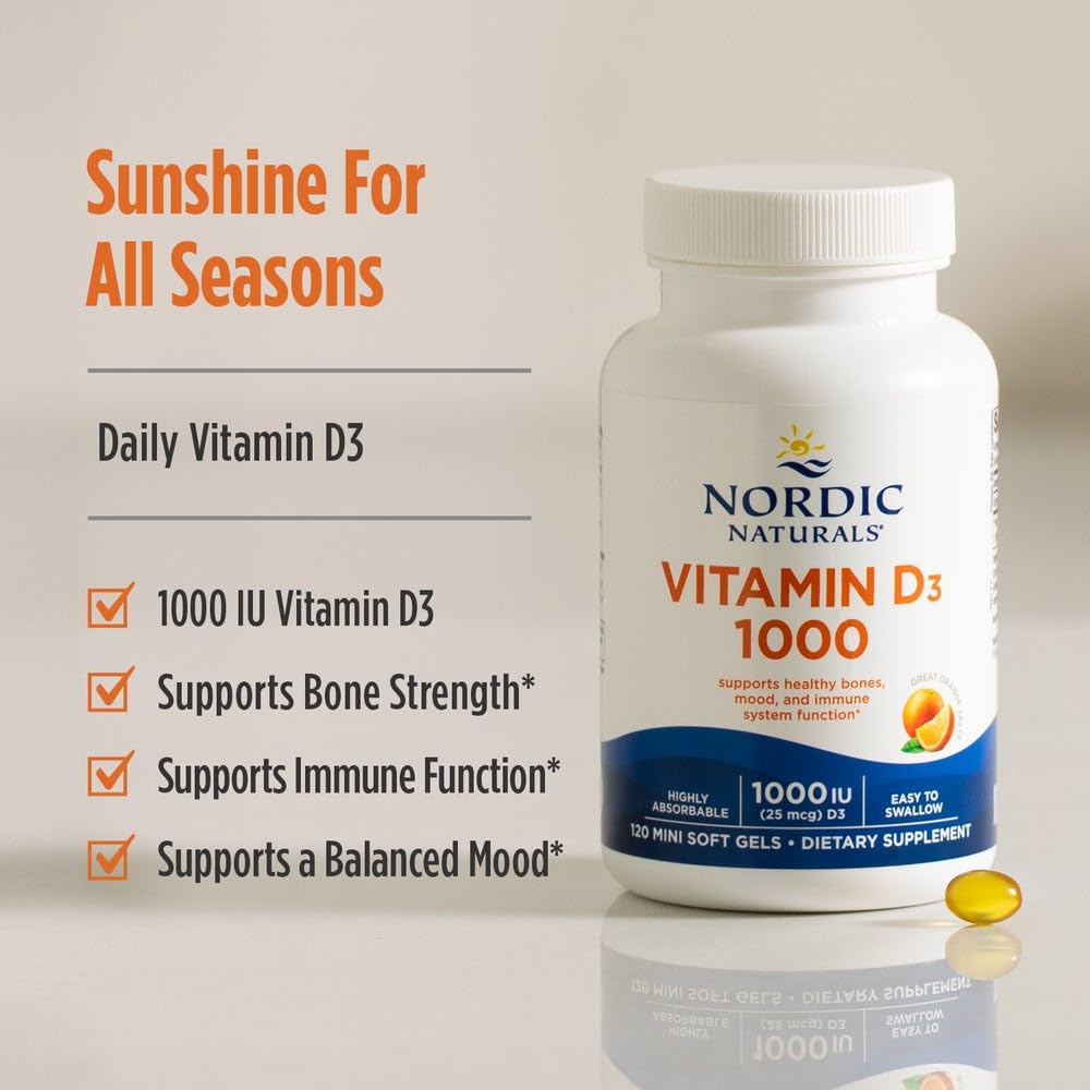 Nordic Naturals Vitamin D3 1000, Orange - 120 Mini Soft Gels - 1000 IU Vitamin D3 - Supports Healthy Bones