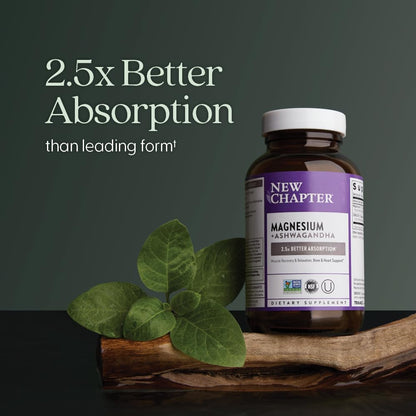 New Chapter Magnesium + Ashwagandha Supplement, 325 mg with Magnesium Glycinate for Muscle Relaxation & Recovery, Heart, Nerve & Bone Health, 2.5X Absorption