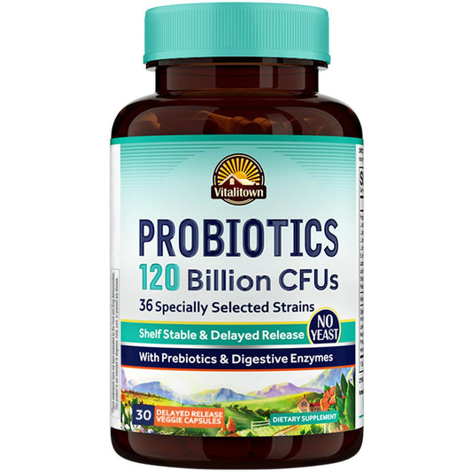 VITALITOWN Probiotics 120 Billion CFUs | 36 Strains, with Prebiotics & Digestive Enzymes for Men Women | Shelf Stable | Digestive Health & Immune Support