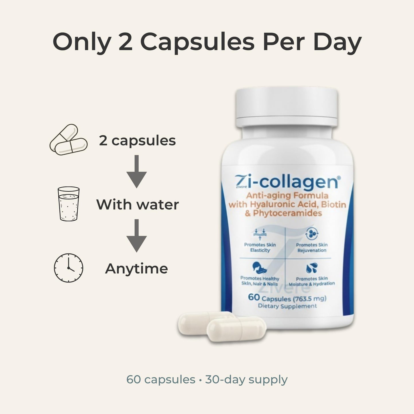 Zi-Collagen Marine Collagen Capsules for Skin, Hair & Nails Support – with Phytoceramides, Hyaluronic Acid, Biotin & Vitamins A C D3 E – 60 Capsules Zivere buy supplements Au