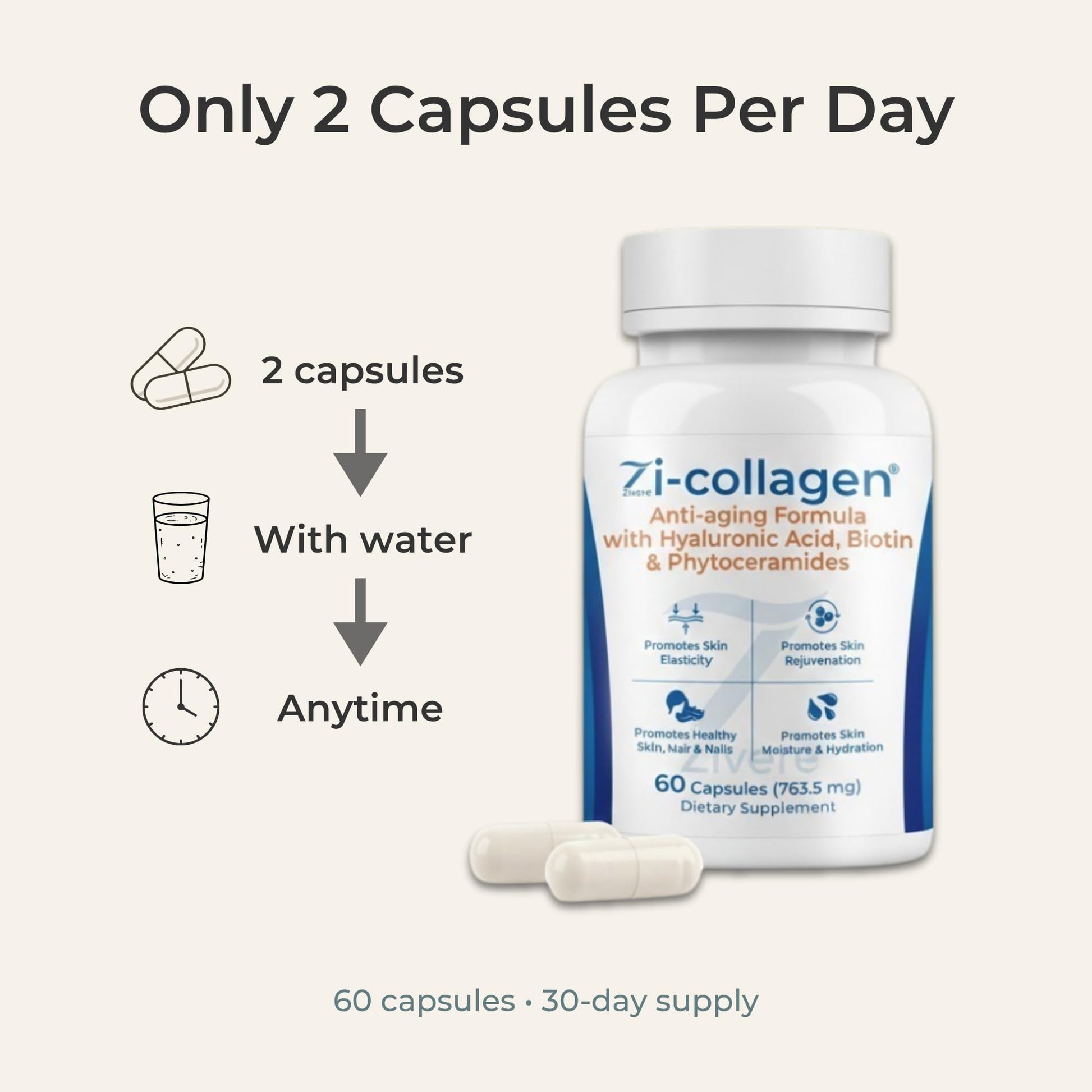 Zi-Collagen Marine Collagen Capsules for Skin, Hair & Nails Support – with Phytoceramides, Hyaluronic Acid, Biotin & Vitamins A C D3 E – 60 Capsules Zivere buy supplements Au