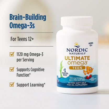 Nordic Naturals Ultimate Omega 2X Teen, Strawberry - 60 Mini Soft Gels - 1120 mg Total Omega-3s with EPA & DHA - Brain Health, Positive Mood, Social Development, Learning - Non-GMO - 30 Servings Nordic NaturalsBuy Supplements Australia