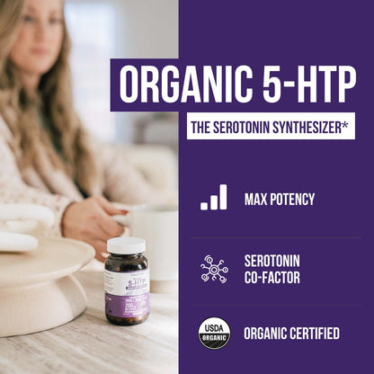 Organic 5-HTP - 200 mg | 99% 5HTP Concentration, Plus Cofactor Vitamin B6 & Lion’s Mane | Water Extracted from Organic Griffonia Seeds | Supports Mood