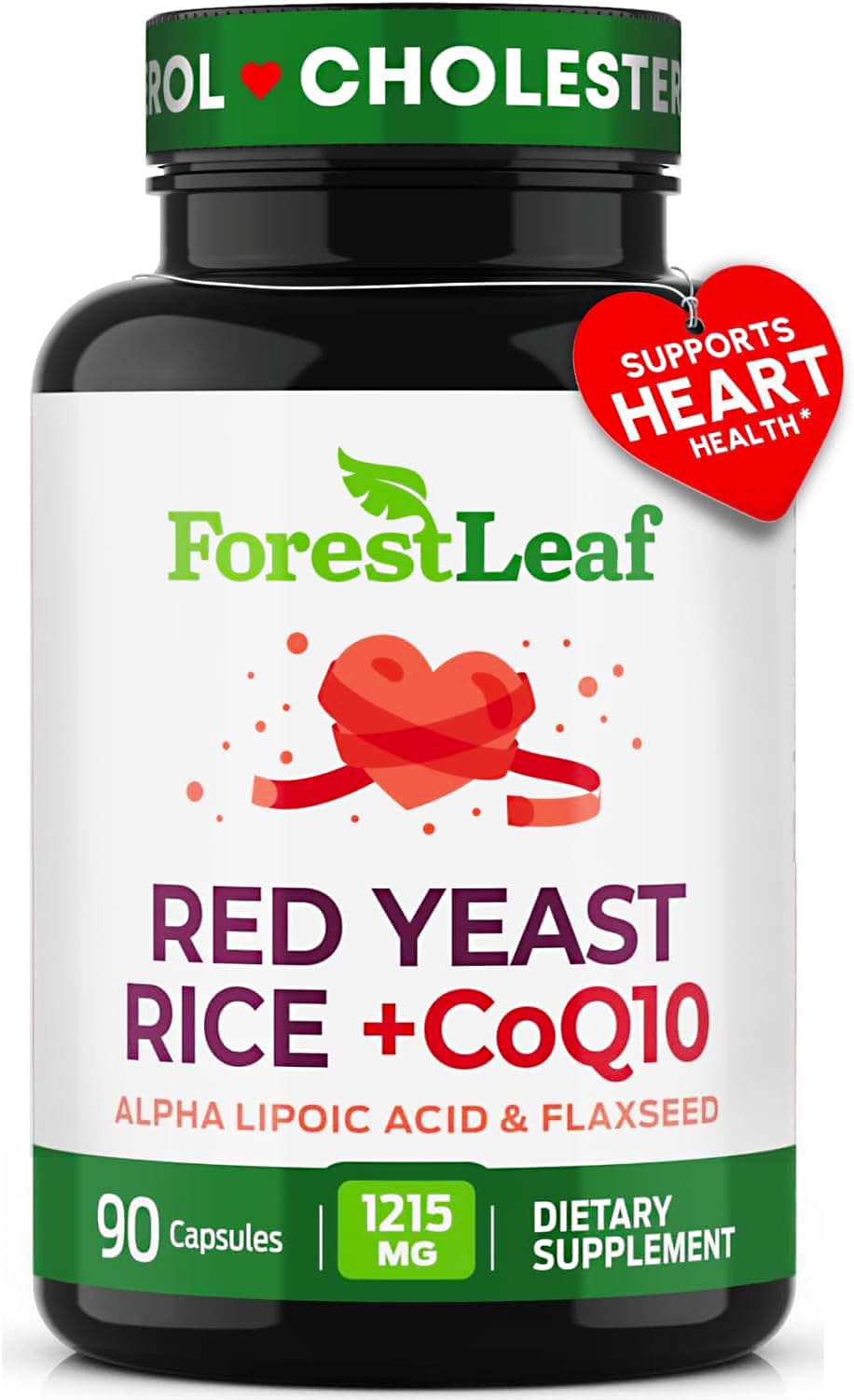 Forest Leaf Red Yeast Rice + CoQ10 dietary supplement bottle with heart design and text on label.