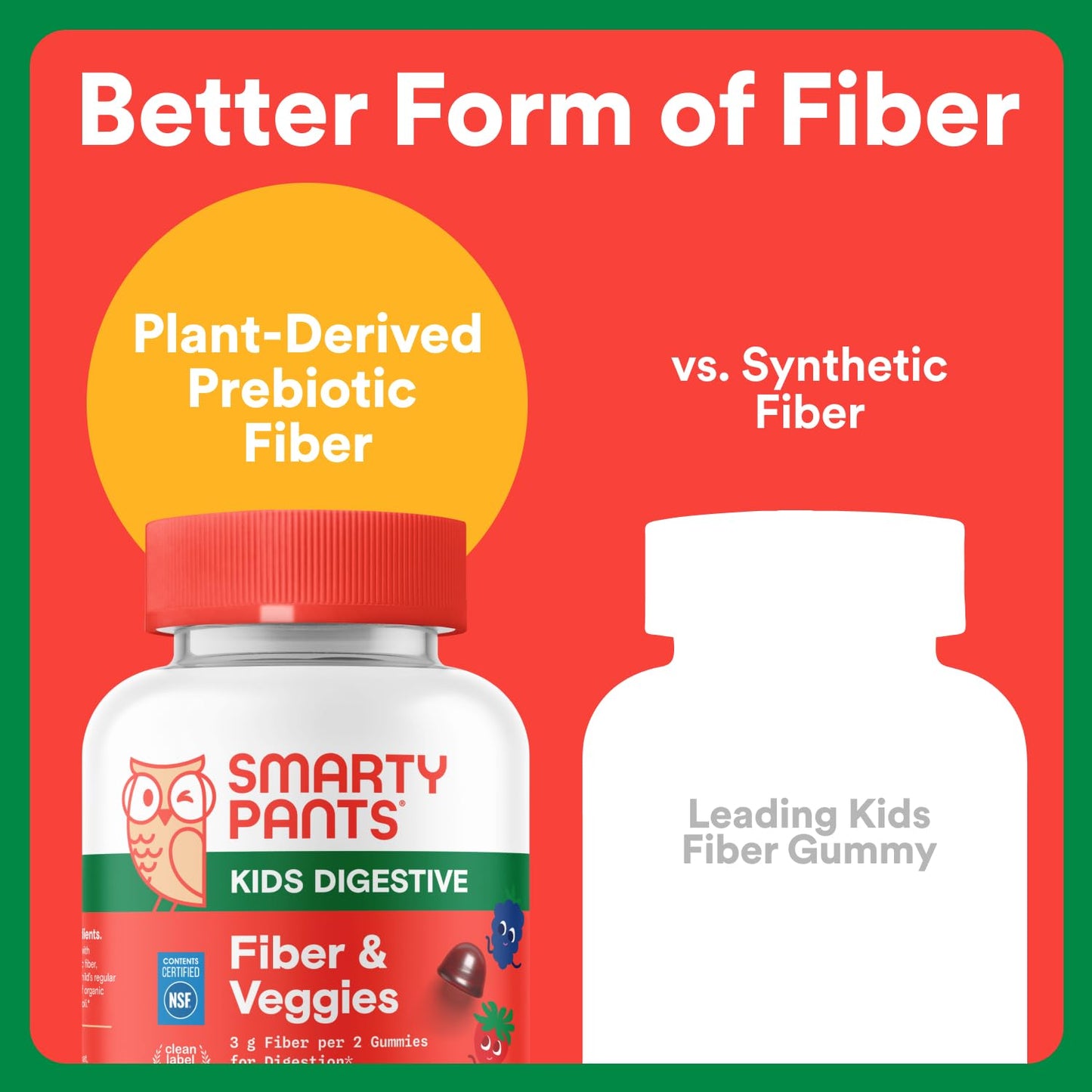 SmartyPants Kids Fiber & Veggies: Prebiotic Fiber Gummies for Kids, Fiber Supplement with Inulin, Organic Green Veggie Blend, Vegan, Gluten Free