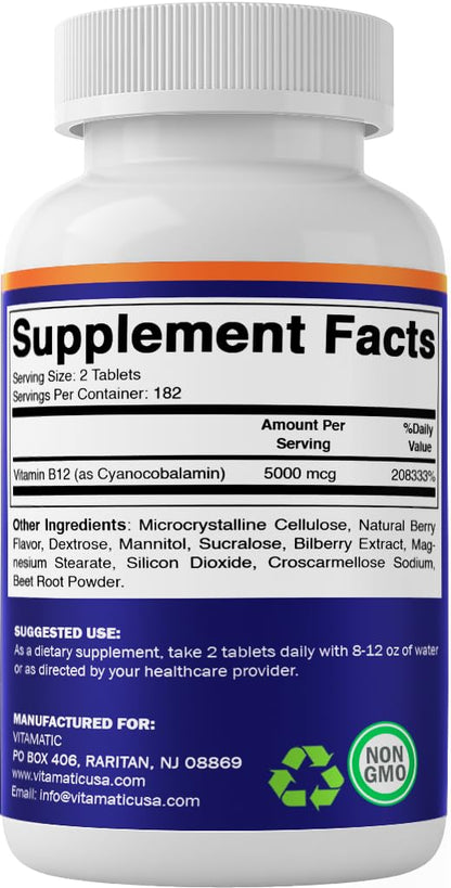 Vitamatic Vitamin B12 5000 mcg – 365 Fast Dissolve Tablets Berry Flavor – Supports Energy Production & Nervous System Health