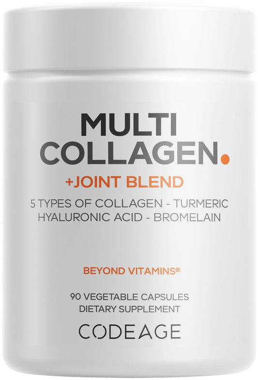 Codeage Multi Collagen Protein + Joint Blend Supplement, Hyaluronic Acid, Bromelain, Turmeric, Ginger, Boswellia, Astaxanthin - Hydrolyzed Bovine Collagen - 5 Collagen Types - Non-GMO - 90 Capsules CodeageBuy Supplements Australia