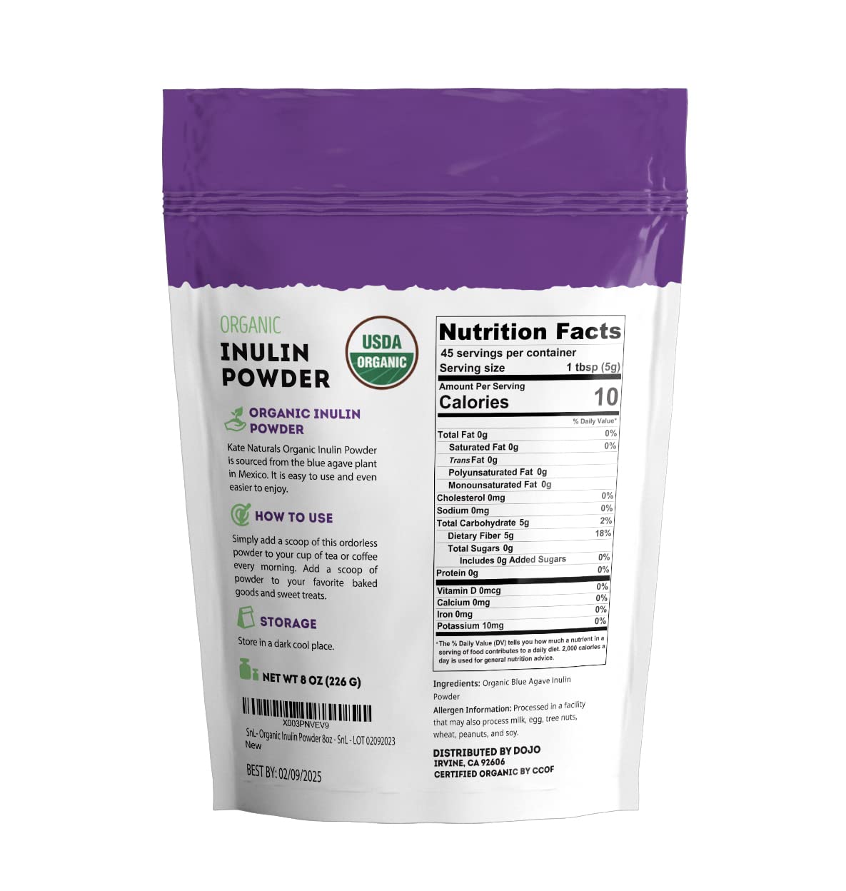 Kate Naturals Inulin Powder Organic from Blue Agave (8oz) Soluble Prebiotic Fiber for Coffee, Yogurt & Smoothies